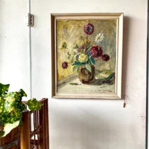 Original framed oil painting still life flowers in a vase by Norwegian artist Carl Mortensen