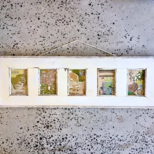 Framed art mixed media collage vintage retro and REpurposed materials. Original art 5 works in a distressed white painted rectangular frame