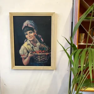 Framed Vintage Art Print ‘Country Girl’ by Eva Holusa 1967 Girl with basket