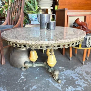 Vintage Granite & Alabaster Round Coffee Table | Ornate Cast Base with Claw Feet, Hollywood Regency Style