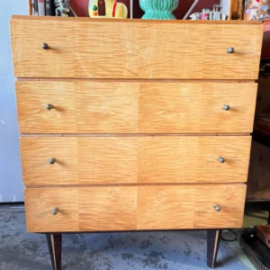 Vintage Mid-Century Maple Chest of Drawers | Restored Tiger Grain Veneer, Brass Knobs