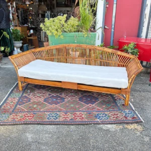 Vintage Bamboo Rattan Sofa / Daybed – Mid Century Coastal Boho – Restored Frame with Original Vinyl Cushion